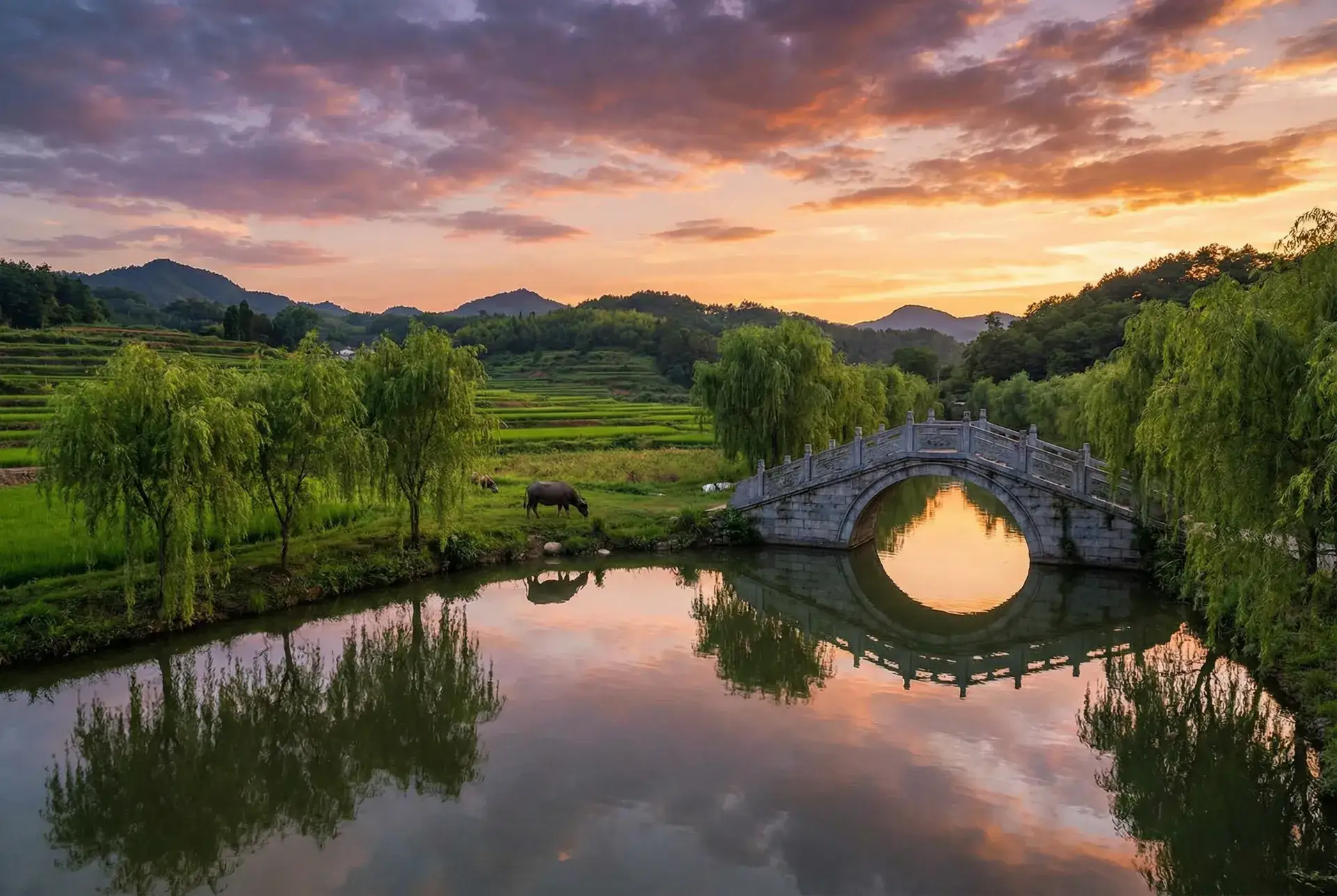夕阳下的石拱桥与垂柳，水牛在河边吃草 - 我的好妈妈6中文免费看视频 乡村美景